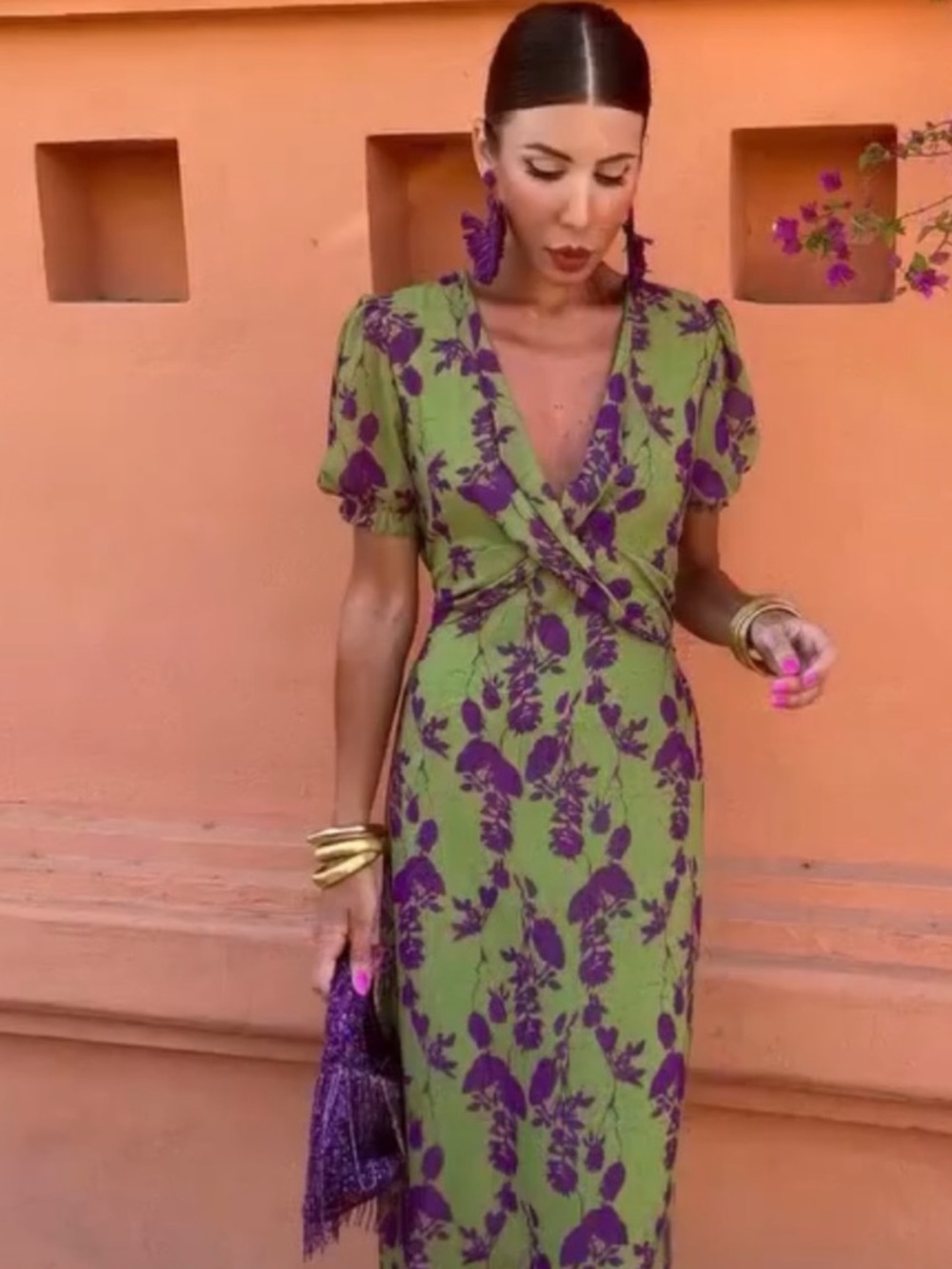 Green and Purple Floral Wrap Midi Dress